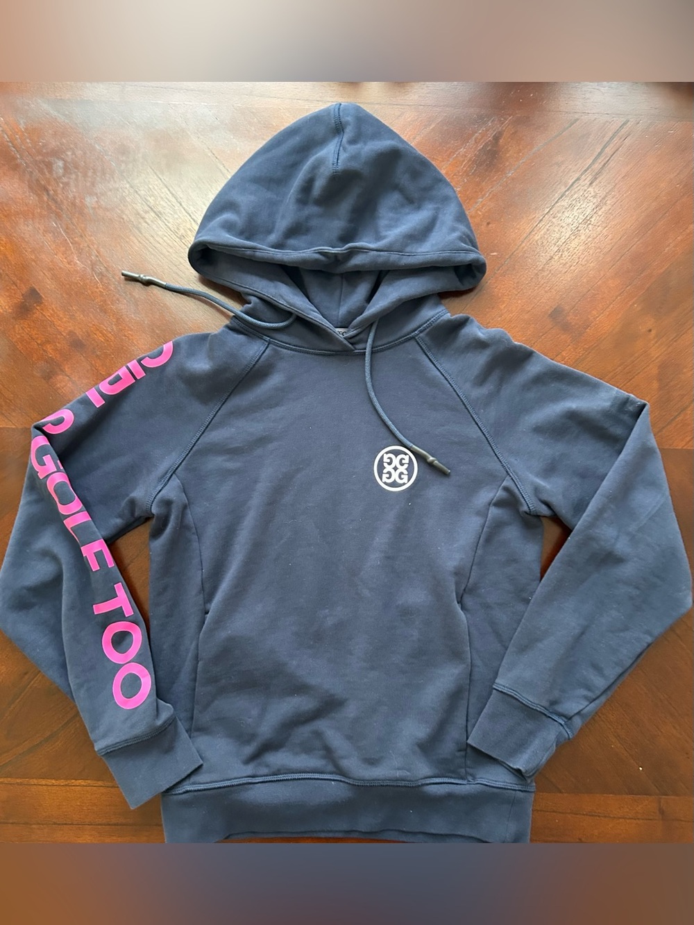 G/FORE Navy Hoodie with Pink Sleeve Script size XS